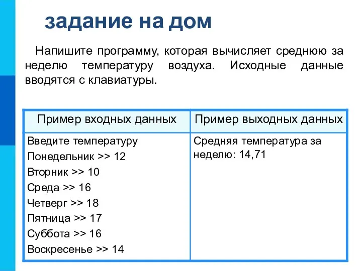 задание на дом Напишите программу, которая вычисляет среднюю за неделю температуру воздуха.