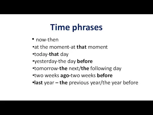 Time phrases now-then at the moment-at that moment today-that day yesterday-the day