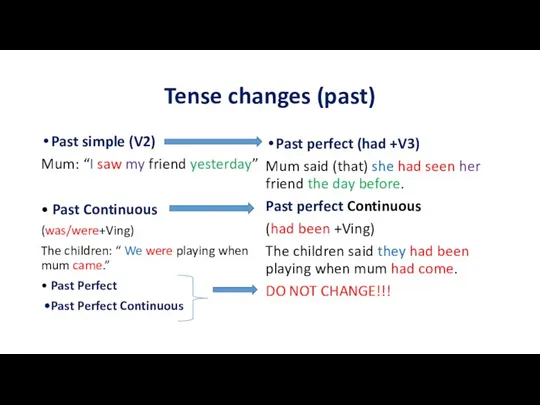 Tense changes (past) Past simple (V2) Mum: “I saw my friend yesterday”
