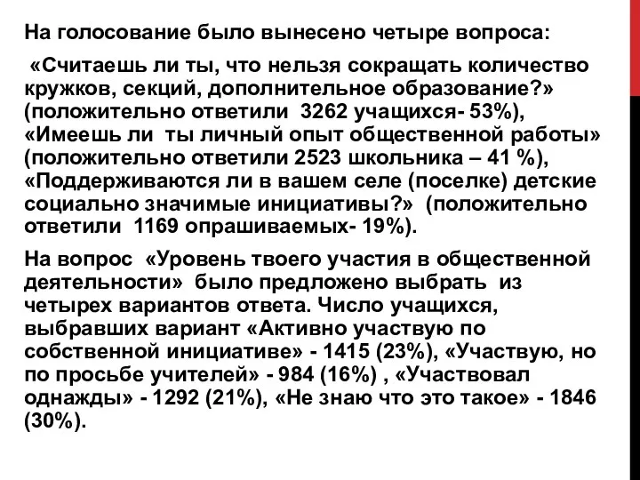 На голосование было вынесено четыре вопроса: «Считаешь ли ты, что нельзя сокращать