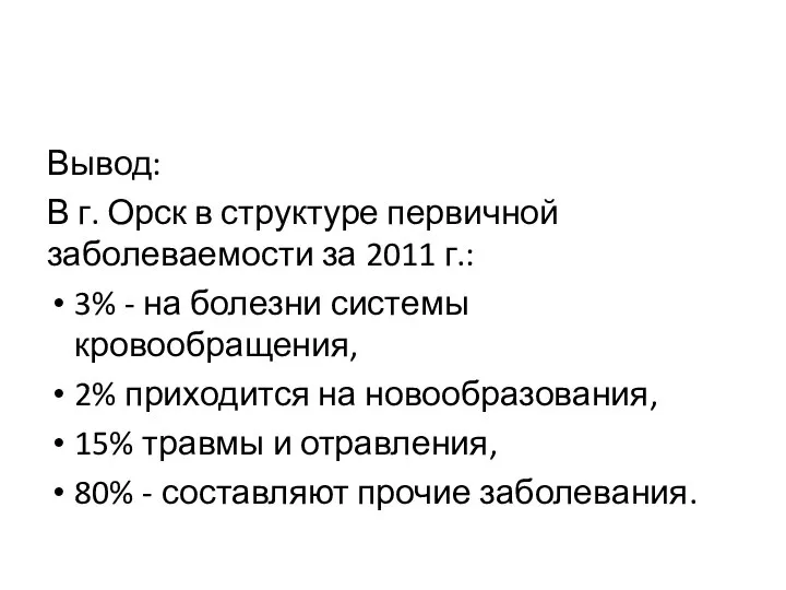 Вывод: В г. Орск в структуре первичной заболеваемости за 2011 г.: 3%