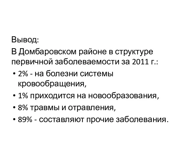 Вывод: В Домбаровском районе в структуре первичной заболеваемости за 2011 г.: 2%