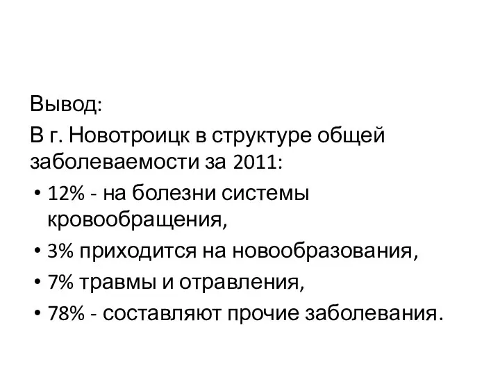 Вывод: В г. Новотроицк в структуре общей заболеваемости за 2011: 12% -