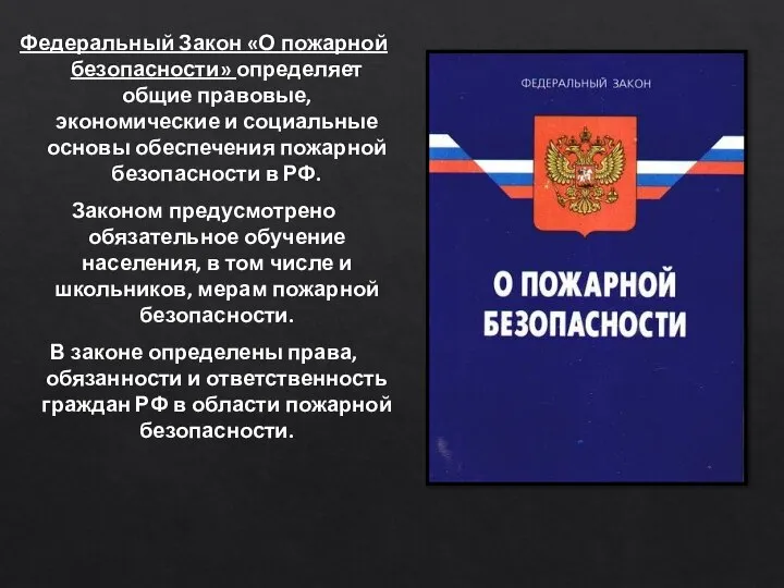 Федеральный Закон «О пожарной безопасности» определяет общие правовые, экономические и социальные основы