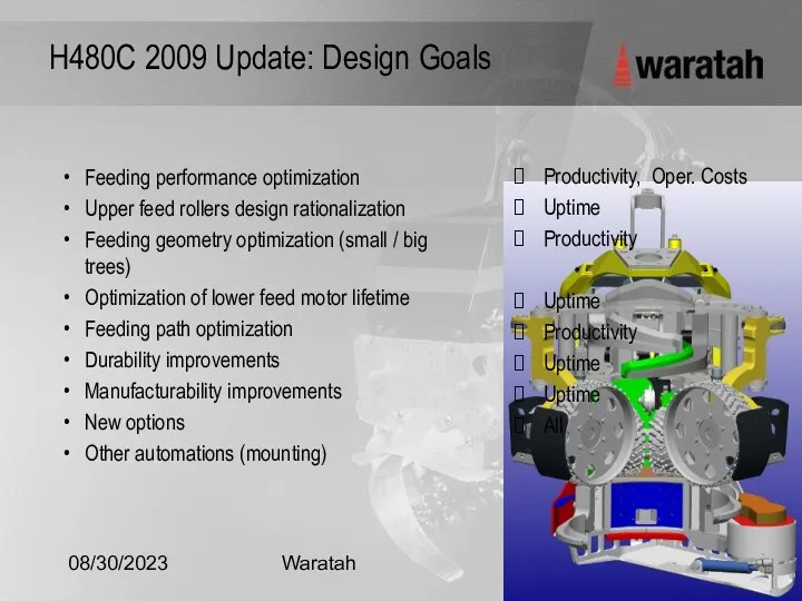 08/30/2023 Waratah H480C 2009 Update: Design Goals Feeding performance optimization Upper feed