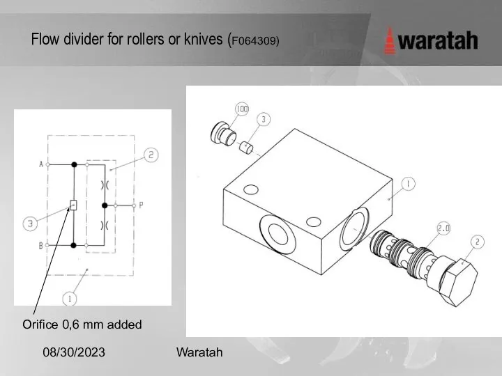 08/30/2023 Waratah Flow divider for rollers or knives (F064309) Orifice 0,6 mm added