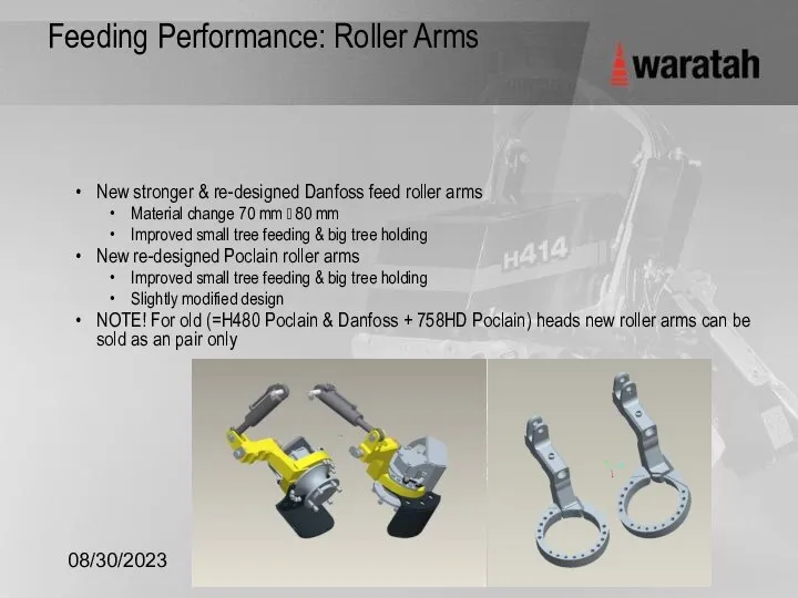 08/30/2023 Waratah Feeding Performance: Roller Arms New stronger & re-designed Danfoss feed