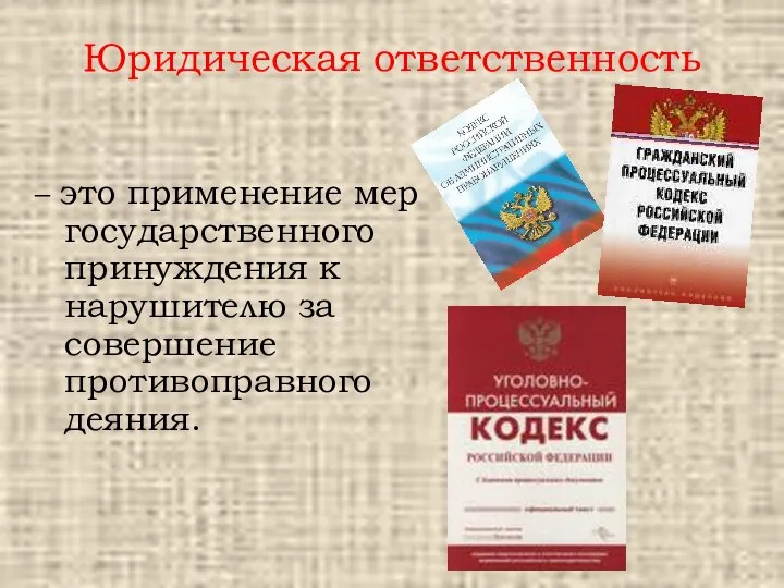 Юридическая ответственность – это применение мер государственного принуждения к нарушителю за совершение противоправного деяния.