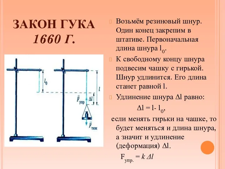 ЗАКОН ГУКА 1660 Г. Возьмём резиновый шнур. Один конец закрепим в штативе.