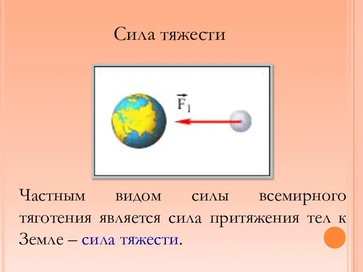 Сила тяжести Частным видом силы всемирного тяготения является сила притяжения тел к Земле – сила тяжести.