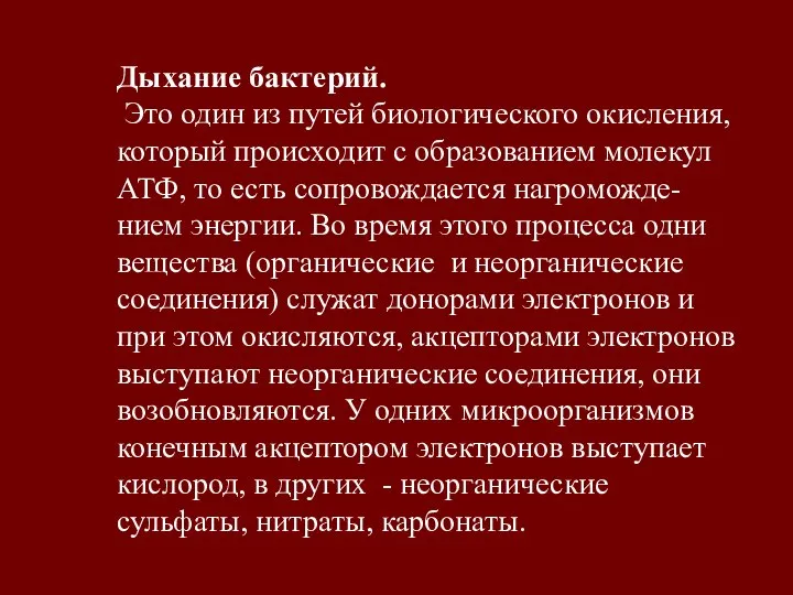 Дыхание бактерий. Это один из путей биологического окисления, который происходит с образованием