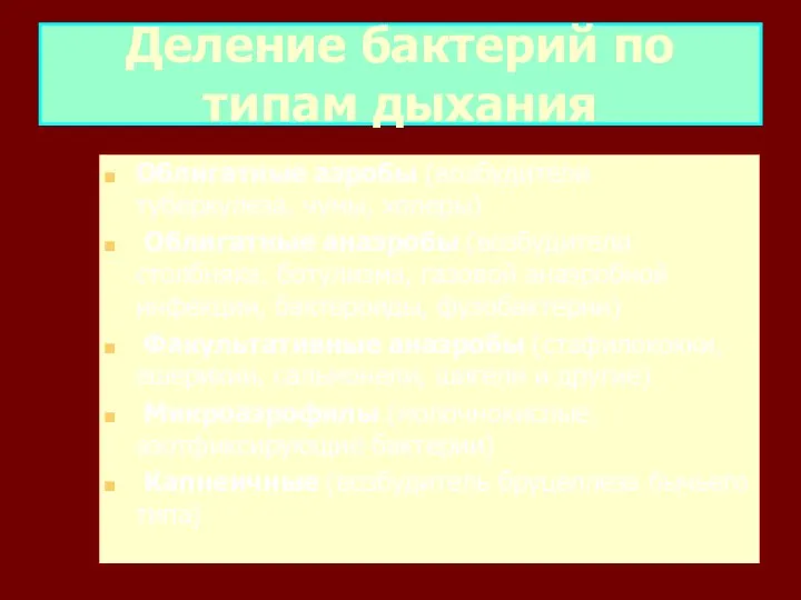 Облигатные аэробы (возбудители туберкулеза, чумы, холеры) Облигатные анаэробы (возбудители столбняка, ботулизма, газовой