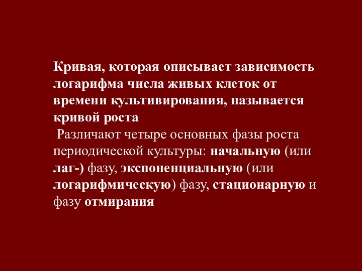 Кривая, которая описывает зависимость логарифма числа живых клеток от времени культивирования, называется