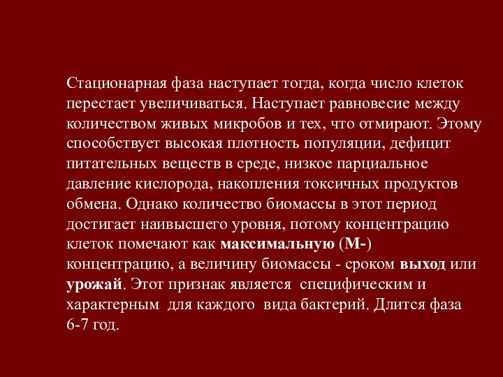 Стационарная фаза наступает тогда, когда число клеток перестает увеличиваться. Наступает равновесие между