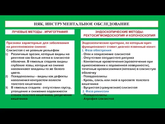 НЯК, ИНСТРУМЕНТАЛЬНОЕ ОБСЛЕДОВАНИЕ ЭНДОСКОПИЧЕСКИЕ МЕТОДЫ: РЕКТОСИГМОИДОСКОПИЯ И КОЛОНОСКОПИЯ ЛУЧЕВЫЕ МЕТОДЫ - ИРИГОГРАФИЯ