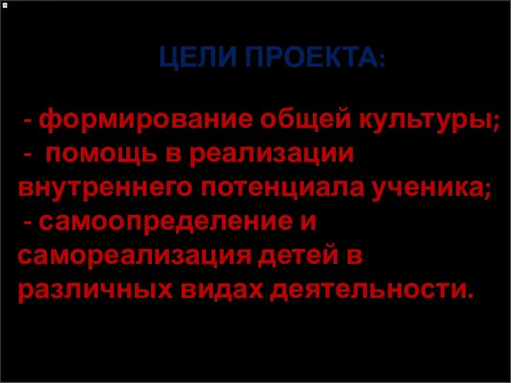 ЦЕЛИ ПРОЕКТА: - формирование общей культуры; - помощь в реализации внутреннего потенциала