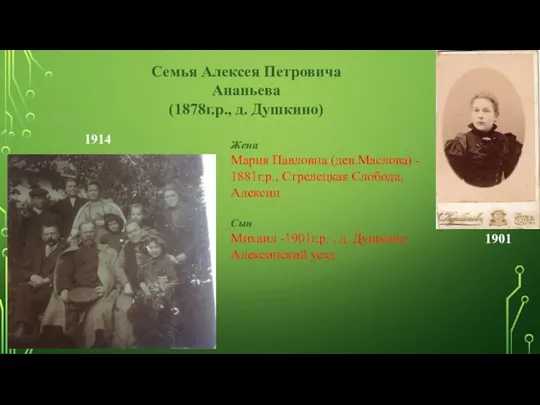 Семья Алексея Петровича Ананьева (1878г.р., д. Душкино) Жена Мария Павловна (дев.Маслова) -
