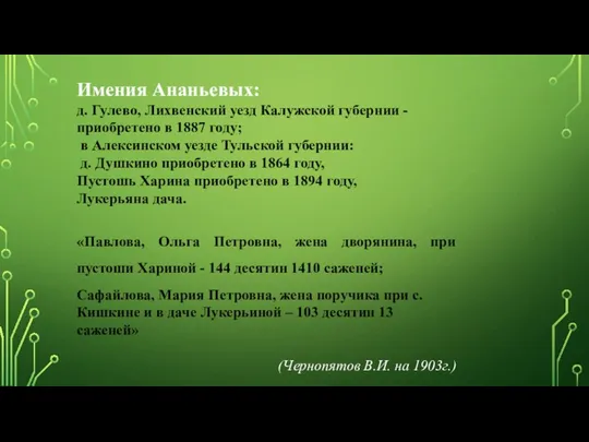 Имения Ананьевых: д. Гулево, Лихвенский уезд Калужской губернии - приобретено в 1887