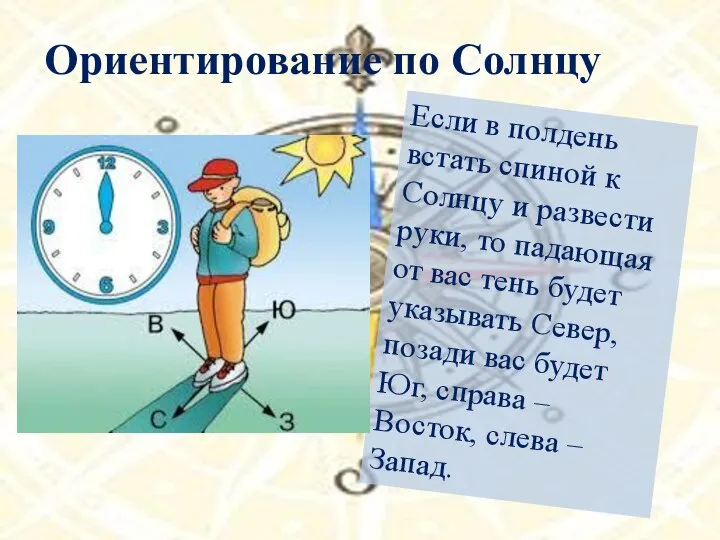 Ориентирование по Солнцу Если в полдень встать спиной к Солнцу и развести