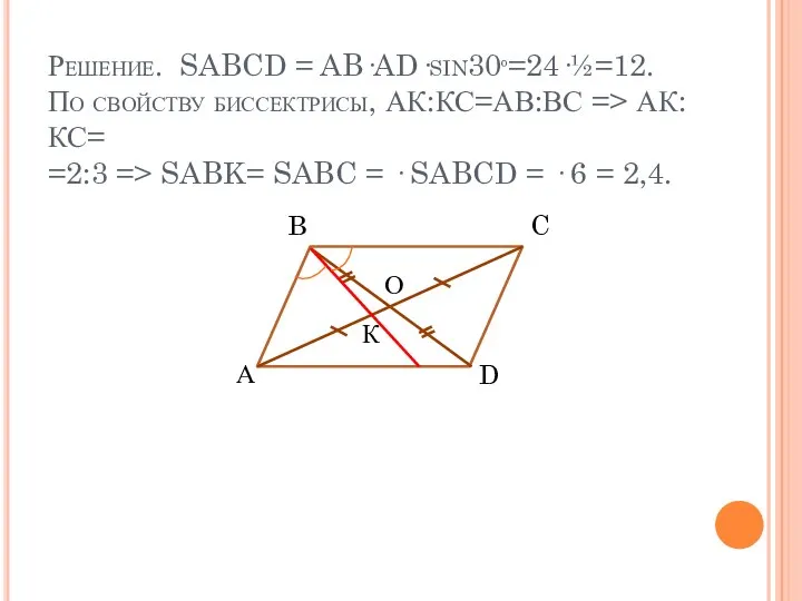 Решение. SABCD = AB·AD·sin30º=24·½=12. По свойству биссектрисы, АК:КС=АВ:ВС => АК:КС= =2:3 =>