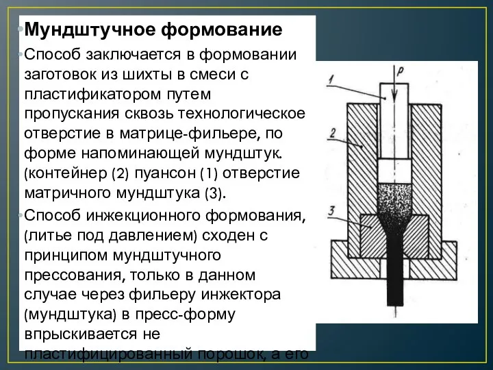 Мундштучное формование Способ заключается в формовании заготовок из шихты в смеси с