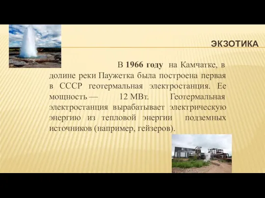 ЭКЗОТИКА В 1966 году на Камчатке, в долине реки Паужетка была построена