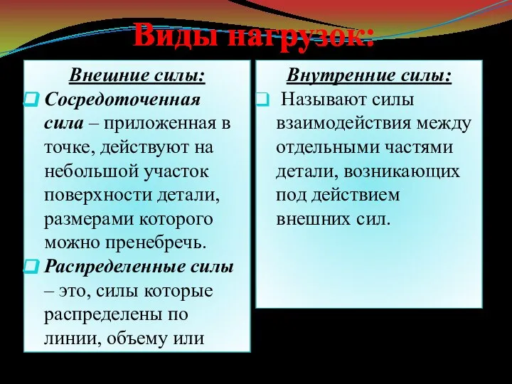 Виды нагрузок: Внешние силы: Сосредоточенная сила – приложенная в точке, действуют на