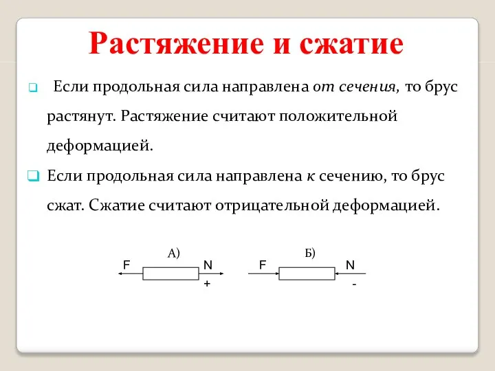 Растяжение и сжатие Если продольная сила направлена от сечения, то брус растянут.