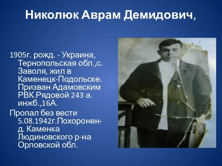 Николюк Аврам Демидович, 1905г. рожд. - Украина, Тернопольская обл.,с.Заволя, жил в Каменецк-Подольске.