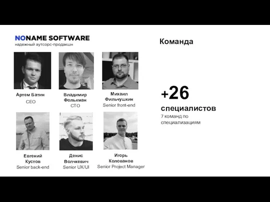 Команда Владимир Фолькман CTO +26 специалистов 7 команд по специализациям Евгений Кустов