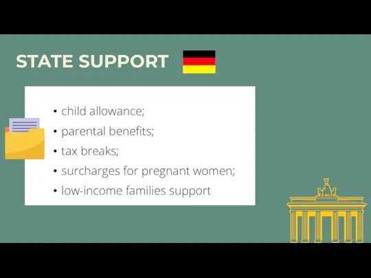 child allowance; parental benefits; tax breaks; surcharges for pregnant women; low-income families support STATE SUPPORT