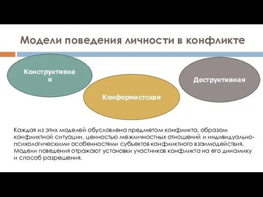 Модели поведения личности в конфликте Конструктивная Деструктивная Конформистская Каждая из этих моделей