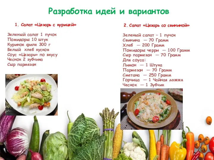 Разработка идей и вариантов 1. Салат «Цезарь с курицей» Зеленый салат 1