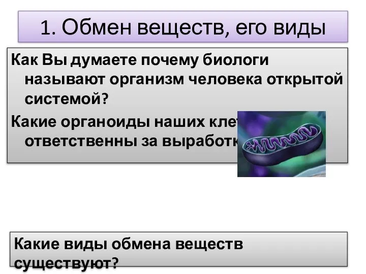 1. Обмен веществ, его виды Как Вы думаете почему биологи называют организм