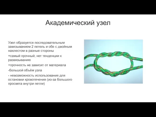 Академический узел Узел образуется последовательным завязыванием 2 петель и обе с двойным