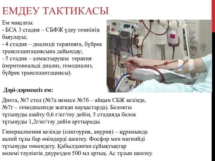 ЕМДЕУ ТАКТИКАСЫ Ем мақсаты: - БСА 3 стадия – СБФЖ үдеу темпінің