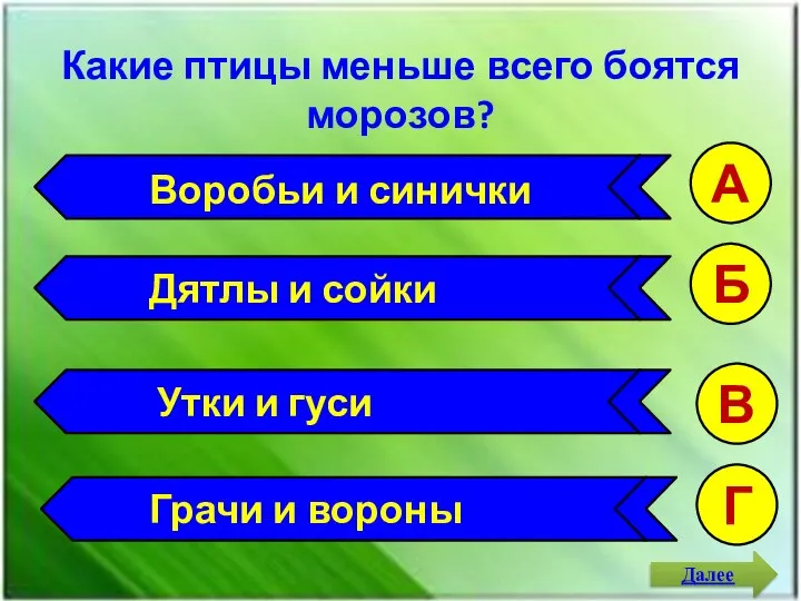 Какие птицы меньше всего боятся морозов? А Б В Г Воробьи и