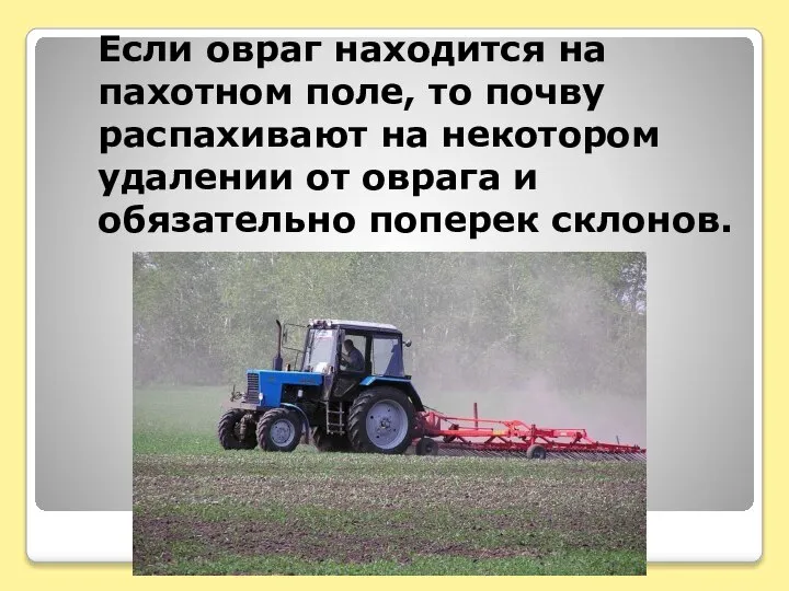 Если овраг находится на пахотном поле, то почву распахивают на некотором удалении