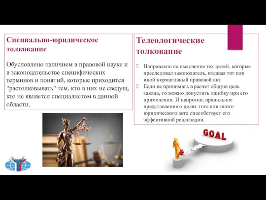 Специально-юридическое толкование Обусловлено наличием в правовой науке и в законодательстве специфических терминов