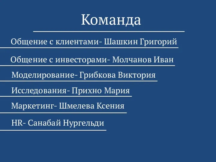 Команда Общение с инвесторами- Молчанов Иван Общение с клиентами- Шашкин Григорий Моделирование-