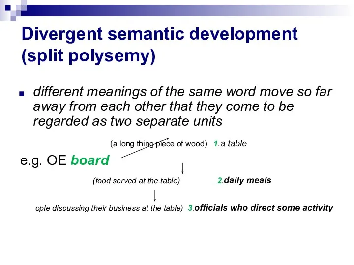 Divergent semantic development (split polysemy) different meanings of the same word move