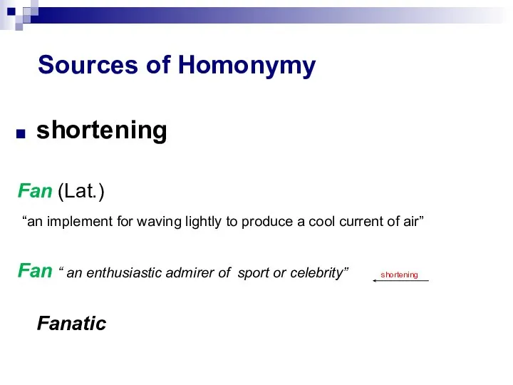 Sources of Homonymy shortening Fan (Lat.) “an implement for waving lightly to