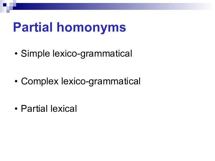 Partial homonyms Simple lexico-grammatical Complex lexico-grammatical Partial lexical