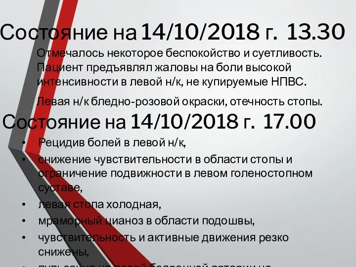 Состояние на 14/10/2018 г. 13.30 Отмечалось некоторое беспокойство и суетливость. Пациент предъявлял