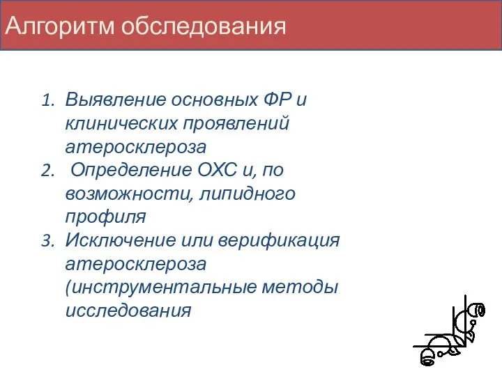 Алгоритм обследования Выявление основных ФР и клинических проявлений атеросклероза Определение ОХС и,