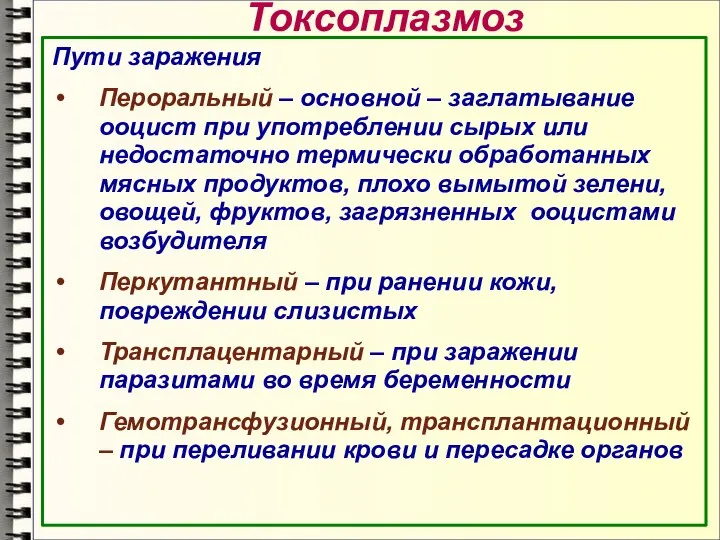 Токсоплазмоз Пути заражения Пероральный – основной – заглатывание ооцист при употреблении сырых