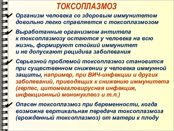 ТОКСОПЛАЗМОЗ Организм человека со здоровым иммунитетом довольно легко справляется с токсоплазмозом Выработанные