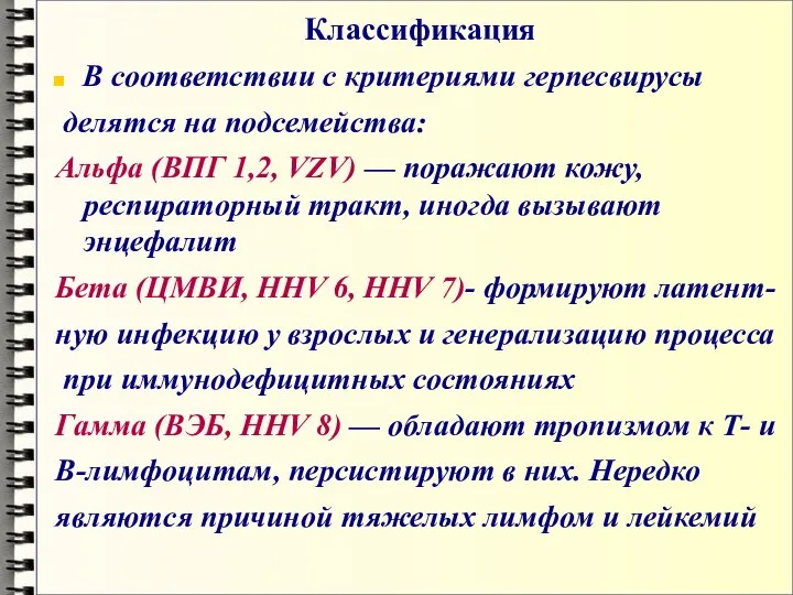 Классификация В соответствии с критериями герпесвирусы делятся на подсемейства: Альфа (ВПГ 1,2,