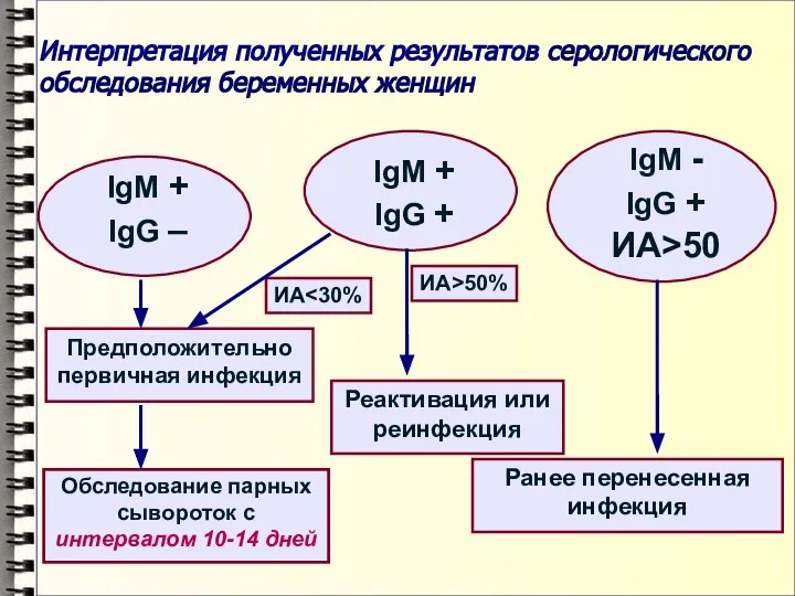 Интерпретация полученных результатов серологического обследования беременных женщин IgM + IgG – IgM