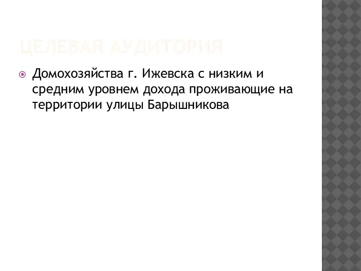 ЦЕЛЕВАЯ АУДИТОРИЯ Домохозяйства г. Ижевска с низким и средним уровнем дохода проживающие на территории улицы Барышникова